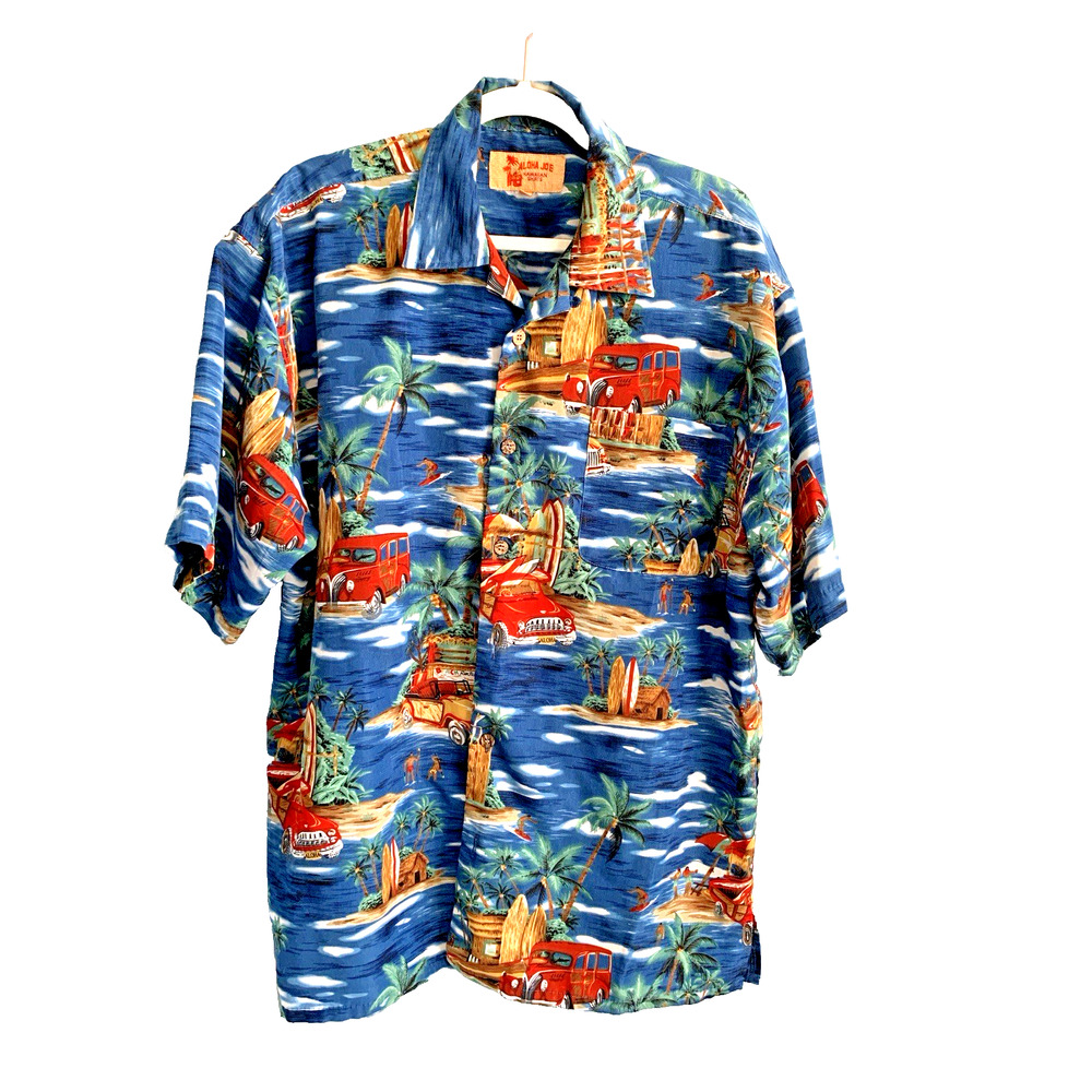 ALOHA JOE Hawaiian Shirt Surf Boards Aloha Tiki Vtg Mens Large LG Sh Sleeve Blue